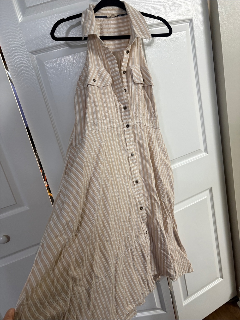 Pilcro Anthropologie Beige and White Striped Sleeveless Shirt Dress Halter
